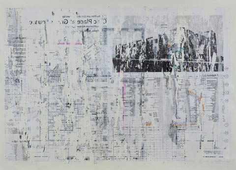 Artwork made from layers of architectural drawings.