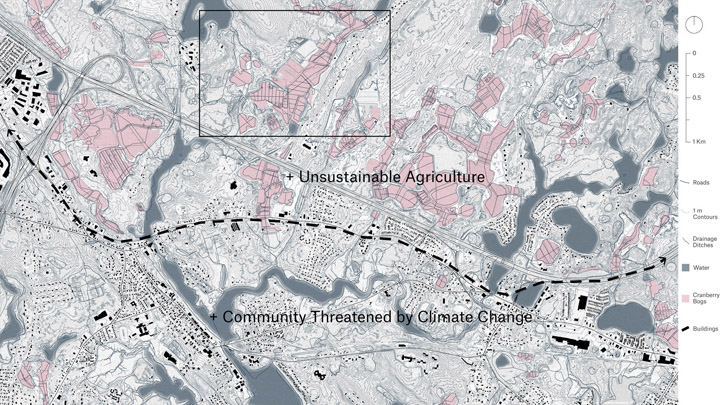 Map of Sure Cran cranberry bogs near Wareham, MA threatened by climate change