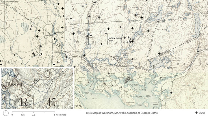 1894 map of Warehem, MA with current damns